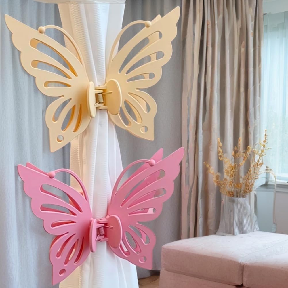 Lovely Pink Butterfly Curtain Tiebacks 2Pcs - Decorative Clips for Curtains, No-Drill Girlie Drapery Holdbacks, Cute Wall-Friendly Tiebacks for Girls Room (Pink)