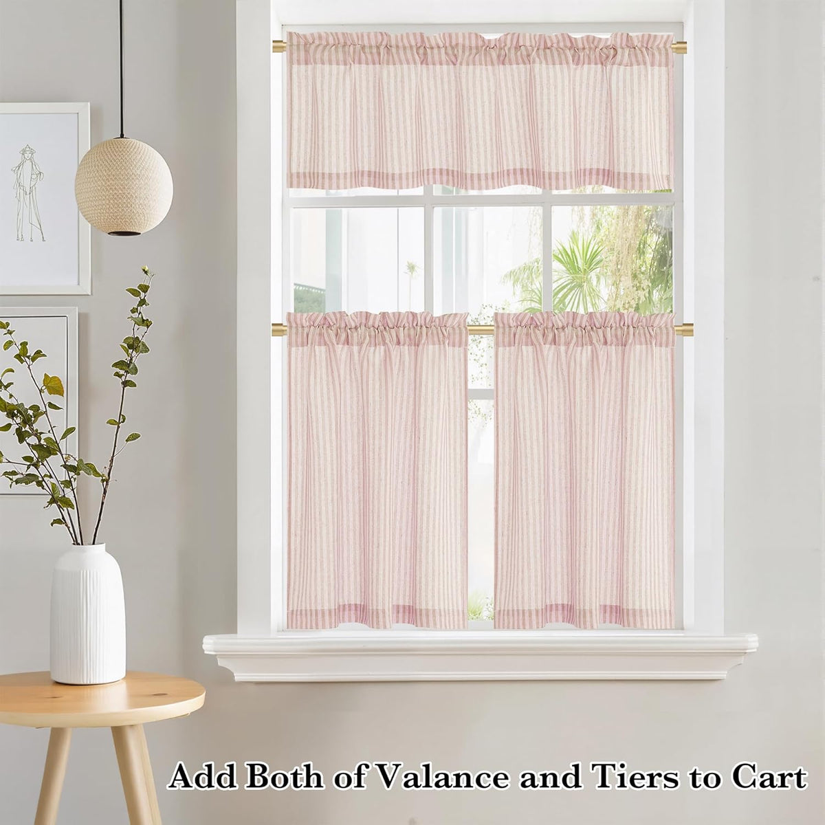 18 Inch Light Pink Striped Linen Window Kitchen Valance, 1 Panel
