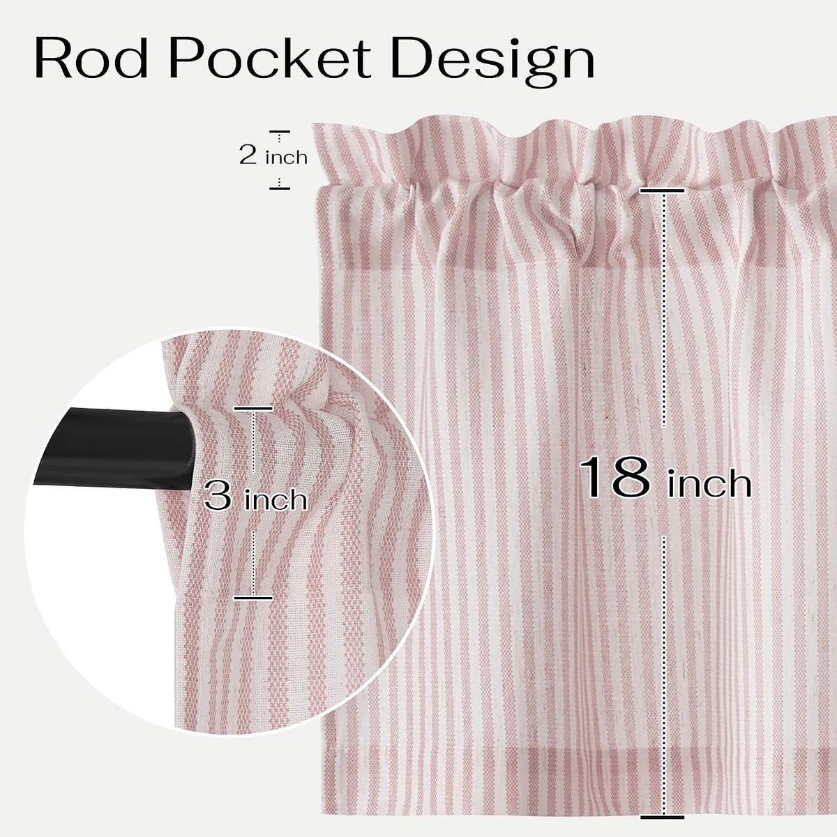 18 Inch Light Pink Striped Linen Window Kitchen Valance, 1 Panel
