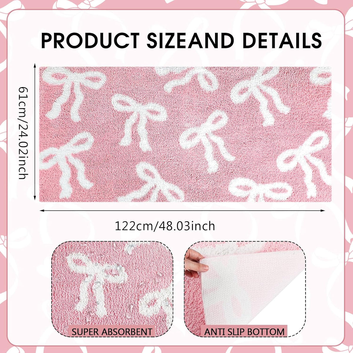 Pink Bow Bath Mat 24 x 48 Inch, Non Slip for Dorm Bathroom