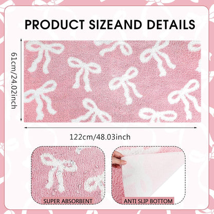 Pink Bow Bath Mat 24 x 48 Inch, Non Slip for Dorm Bathroom