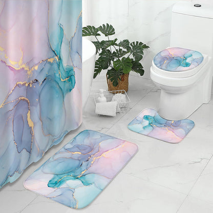 4 Pcs Bathroom Shower Curtain Set with Non-Slip Rugs, Toilet Lid Cover and Bath Mat, Blue Pink Marble Bathroom Decor Set with Shower Curtain and Rugs and Accessories