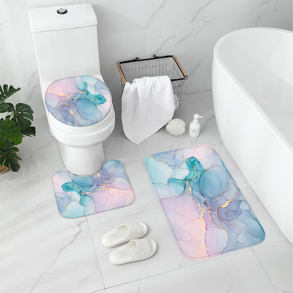 4 Pcs Bathroom Shower Curtain Set with Non-Slip Rugs, Toilet Lid Cover and Bath Mat, Blue Pink Marble Bathroom Decor Set with Shower Curtain and Rugs and Accessories