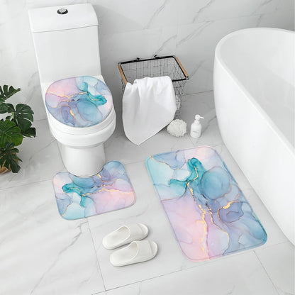 4 Pcs Bathroom Shower Curtain Set with Non-Slip Rugs, Toilet Lid Cover and Bath Mat, Blue Pink Marble Bathroom Decor Set with Shower Curtain and Rugs and Accessories