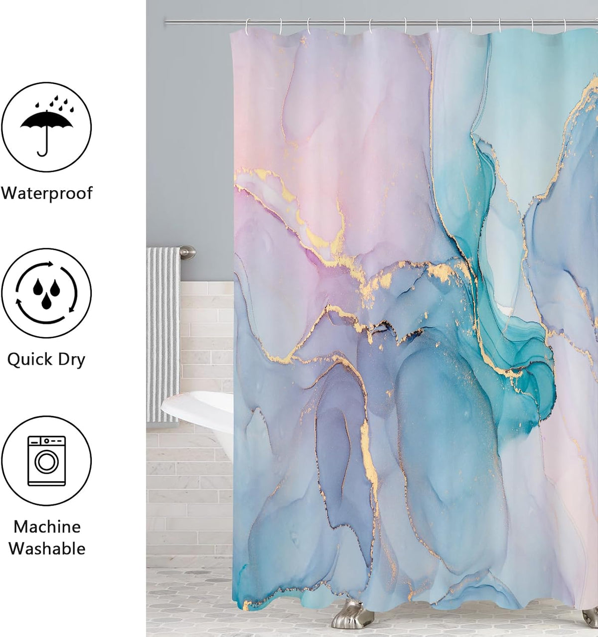 4 Pcs Bathroom Shower Curtain Set with Non-Slip Rugs, Toilet Lid Cover and Bath Mat, Blue Pink Marble Bathroom Decor Set with Shower Curtain and Rugs and Accessories