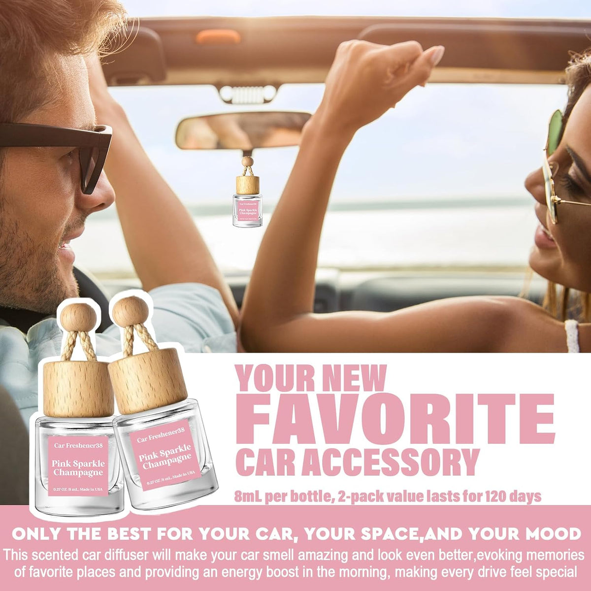 Car Air Freshener Diffuser 2 Pack Hanging Air Freshener Diffuser - Pink Sparkle Champagne Fragrance Oil Air Diffuse r for Car, 45+ Days Long Lasting Fragrance Made in USA (P38)