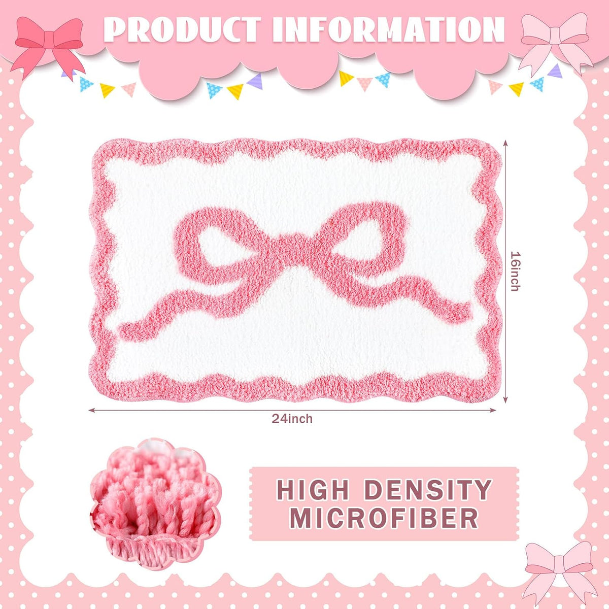Pink Bow Bathroom Rug 16" x 24" Scalloped Bow Bath Mat