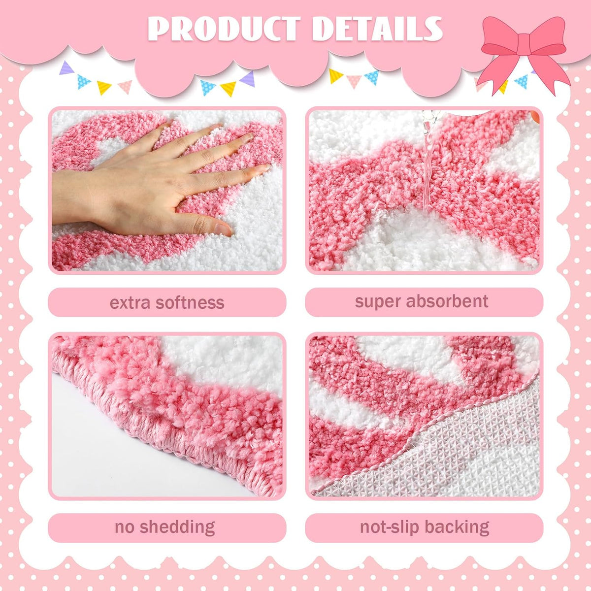 Pink Bow Bathroom Rug 16" x 24" Scalloped Bow Bath Mat