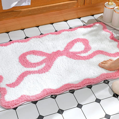 Pink Bow Bathroom Rug 16" x 24" Scalloped Bow Bath Mat