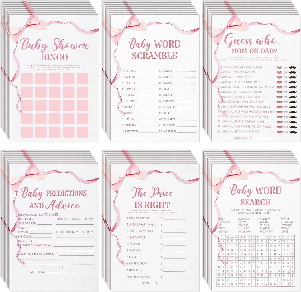 302 Pcs Pink Bow Baby Shower Games 6 Games, 50 Sheets Each, Easy to Play, Watercolor Ribbon Signs Minimalist Funny Girl Boy Predictions and Advice Bingo Word Scramble(Pink)