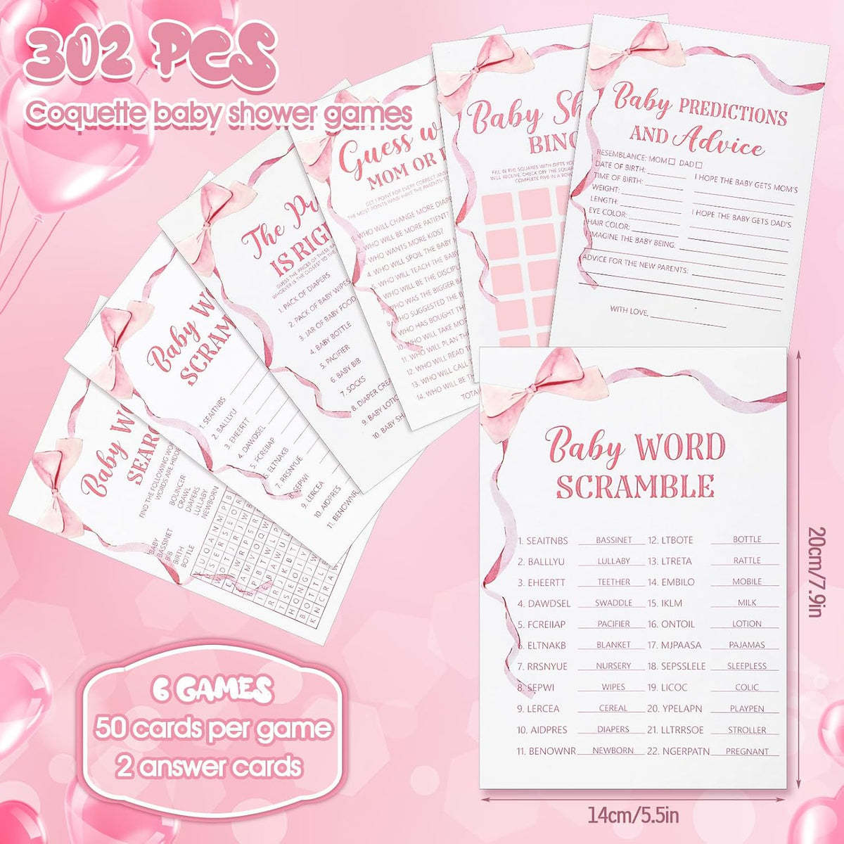 302 Pcs Pink Bow Baby Shower Games 6 Games, 50 Sheets Each, Easy to Play, Watercolor Ribbon Signs Minimalist Funny Girl Boy Predictions and Advice Bingo Word Scramble(Pink)