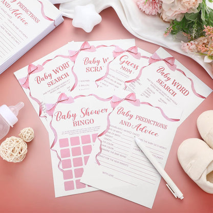 302 Pcs Pink Bow Baby Shower Games 6 Games, 50 Sheets Each, Easy to Play, Watercolor Ribbon Signs Minimalist Funny Girl Boy Predictions and Advice Bingo Word Scramble(Pink)