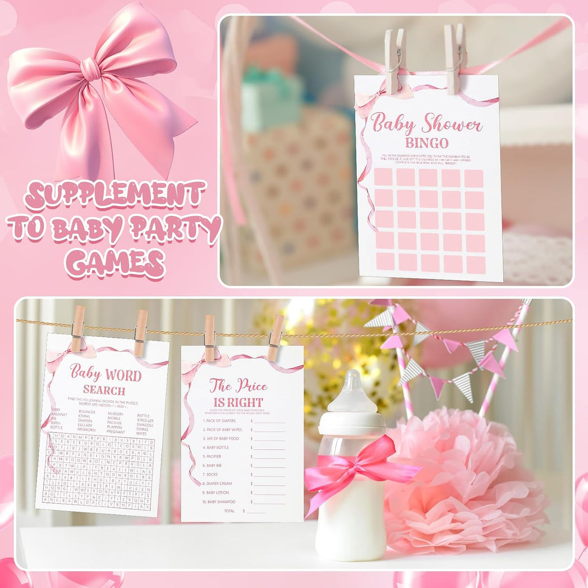 302 Pcs Pink Bow Baby Shower Games 6 Games, 50 Sheets Each, Easy to Play, Watercolor Ribbon Signs Minimalist Funny Girl Boy Predictions and Advice Bingo Word Scramble(Pink)