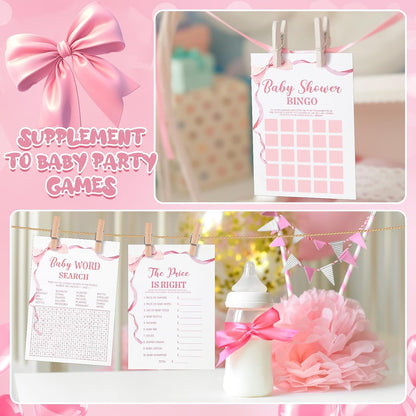 302 Pcs Pink Bow Baby Shower Games 6 Games, 50 Sheets Each, Easy to Play, Watercolor Ribbon Signs Minimalist Funny Girl Boy Predictions and Advice Bingo Word Scramble(Pink)