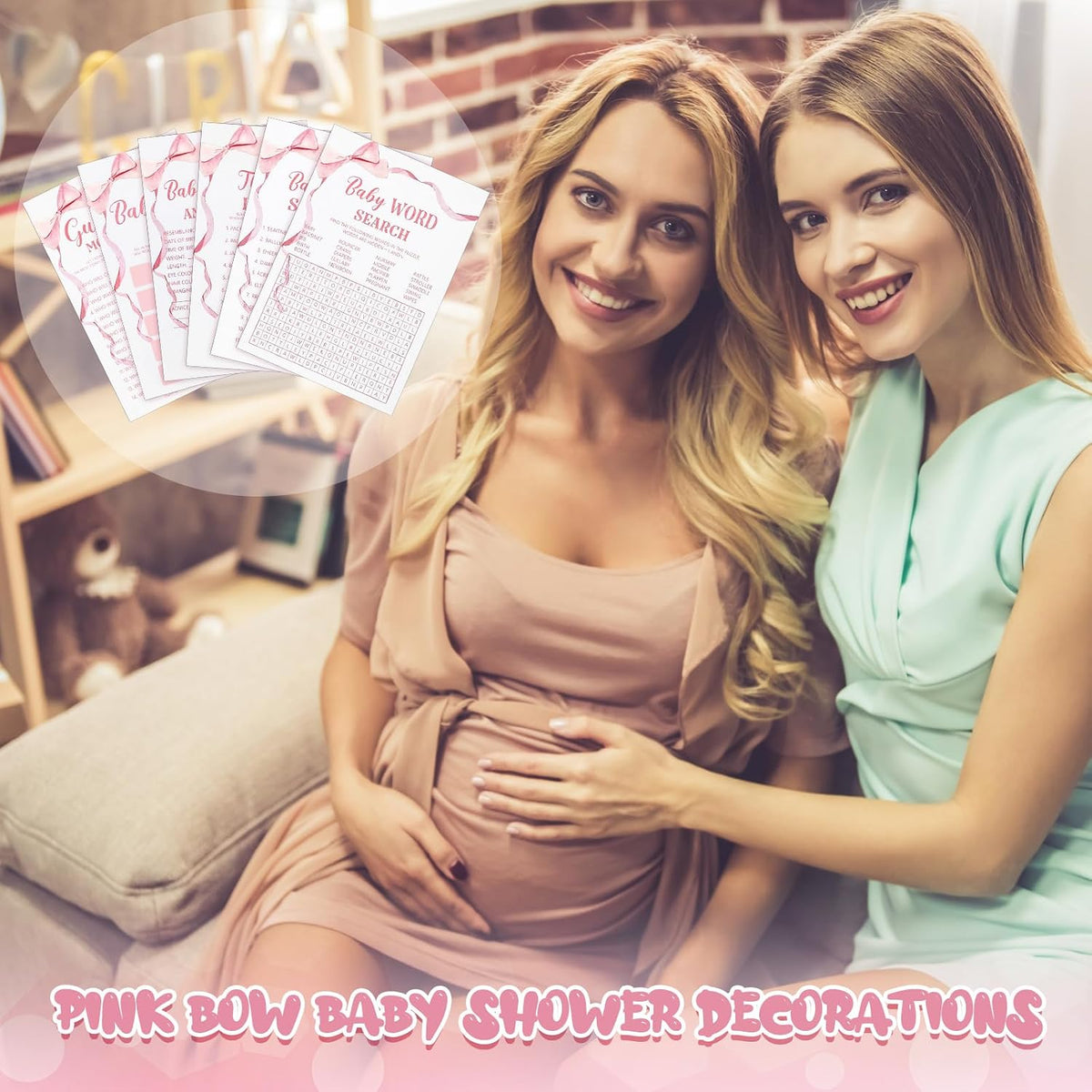 302 Pcs Pink Bow Baby Shower Games 6 Games, 50 Sheets Each, Easy to Play, Watercolor Ribbon Signs Minimalist Funny Girl Boy Predictions and Advice Bingo Word Scramble(Pink)