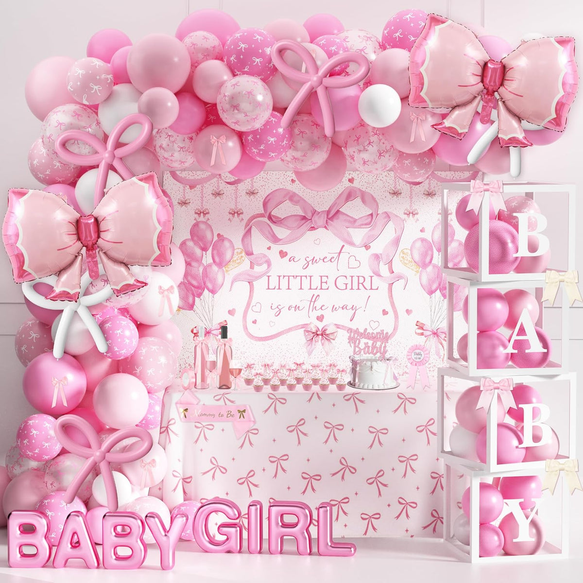 143PCS Pink Bow Baby Shower Decorations for Girl Welcome Baby Girl Party