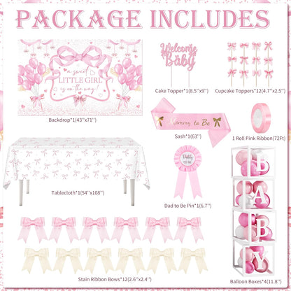143PCS Pink Bow Baby Shower Decorations for Girl Welcome Baby Girl Party