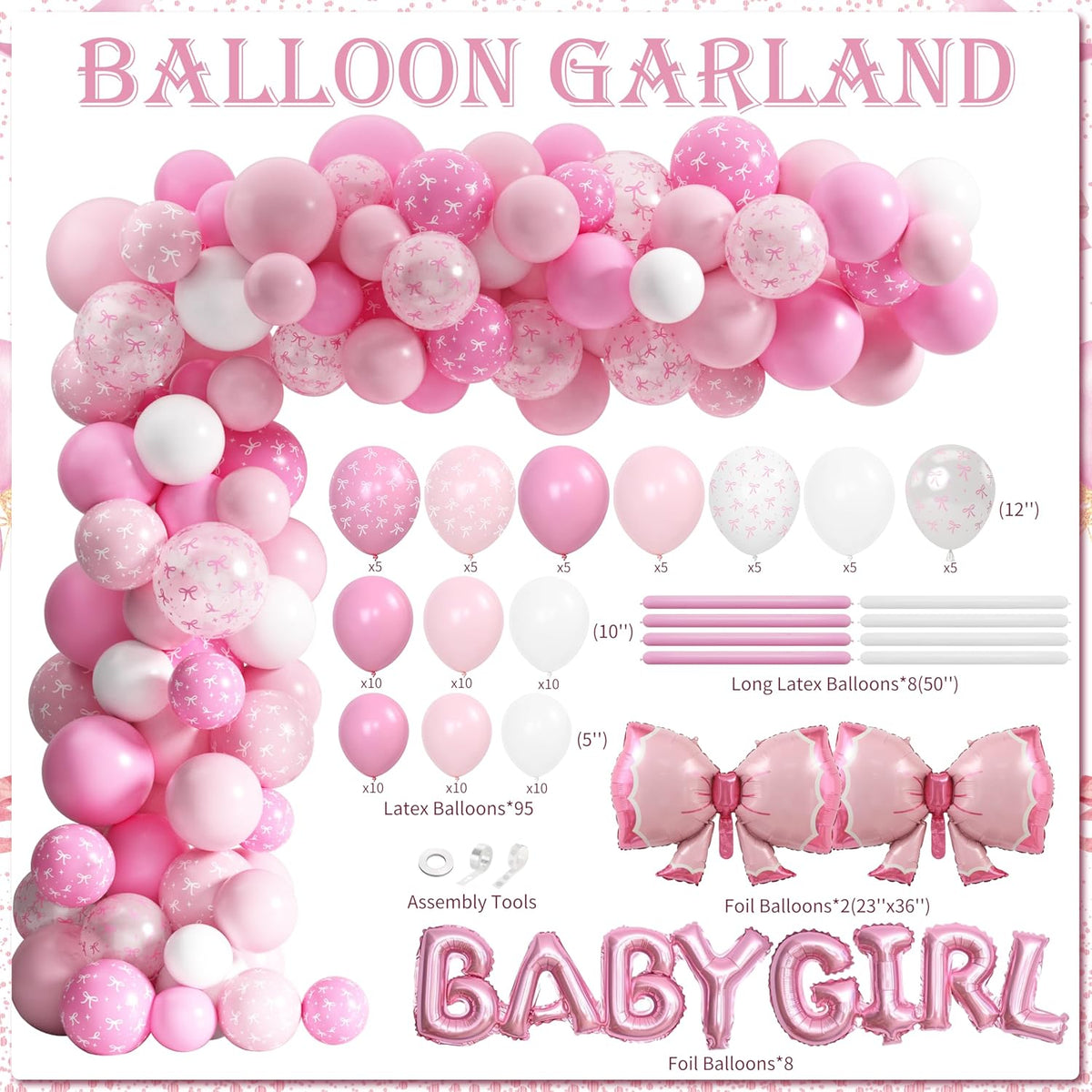 143PCS Pink Bow Baby Shower Decorations for Girl Welcome Baby Girl Party
