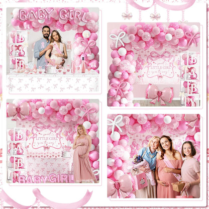 143PCS Pink Bow Baby Shower Decorations for Girl Welcome Baby Girl Party