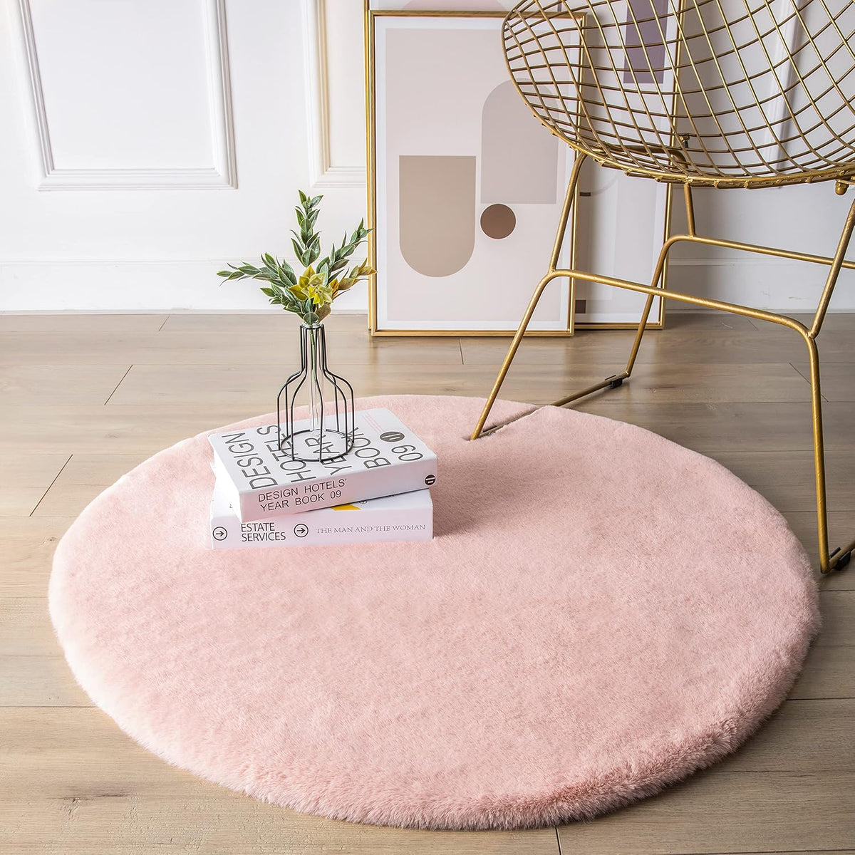 Ultra Soft Faux Rabbit Fur Chair Couch Cover Area Rug for Bedroom Floor Sofa Living Room Pink Round 3 x 3 Feet