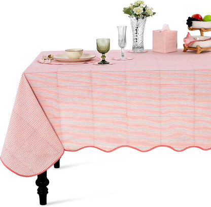 Blush Coral Stripe Block Print Cotton Tablecloth 60"x60" Square