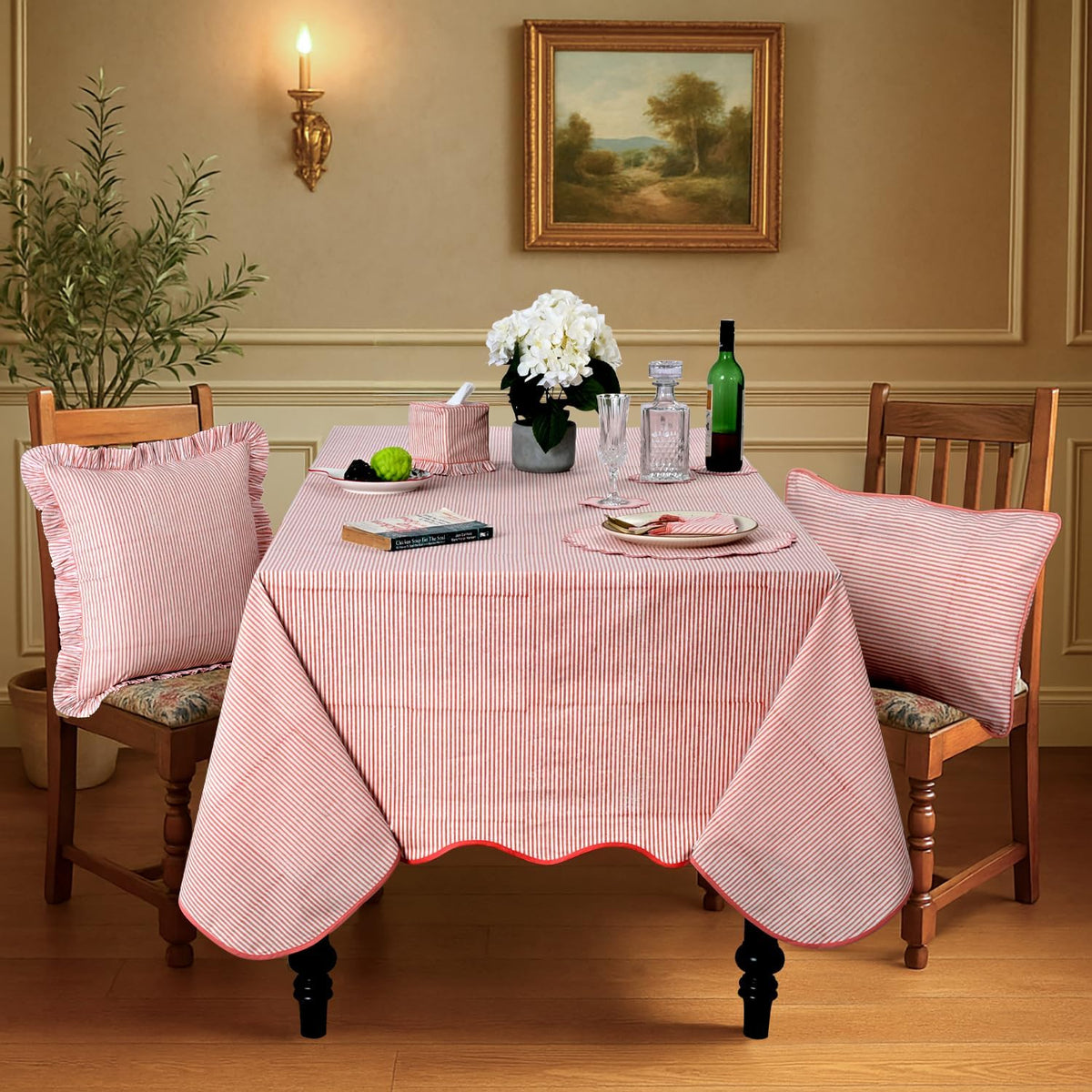 Blush Coral Stripe Block Print Cotton Tablecloth 60"x60" Square