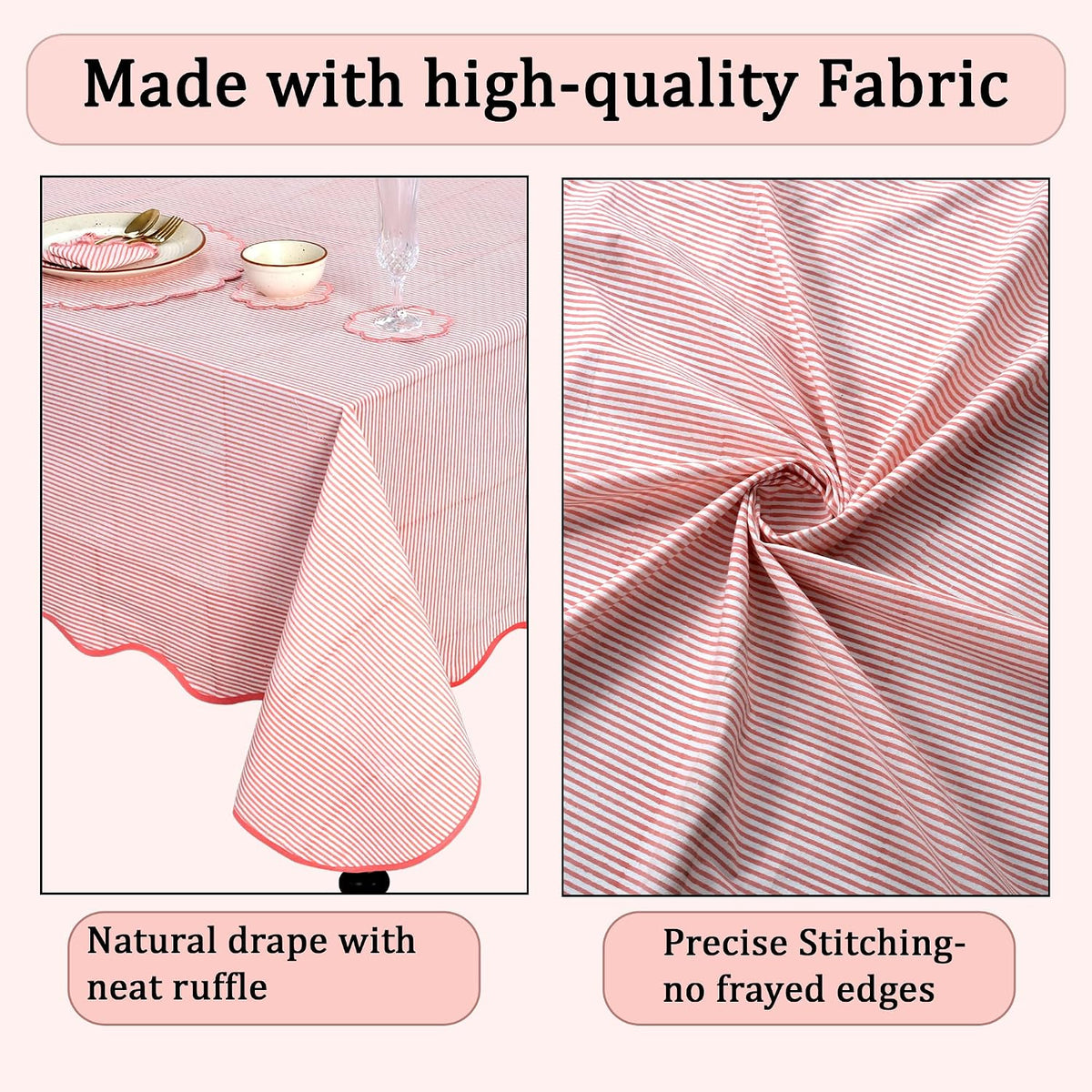 Blush Coral Stripe Block Print Cotton Tablecloth 60"x60" Square