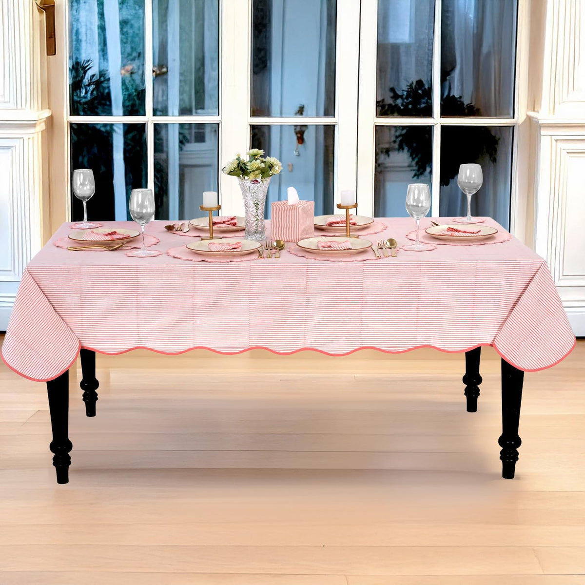Blush Coral Stripe Block Print Cotton Tablecloth 60"x60" Square