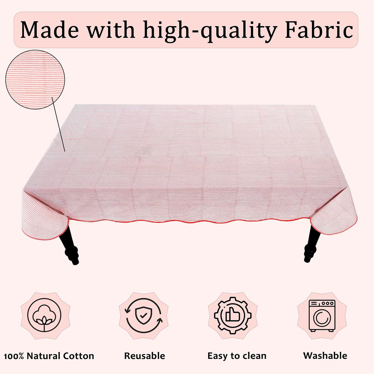 Blush Coral Stripe Block Print Cotton Tablecloth 60"x60" Square