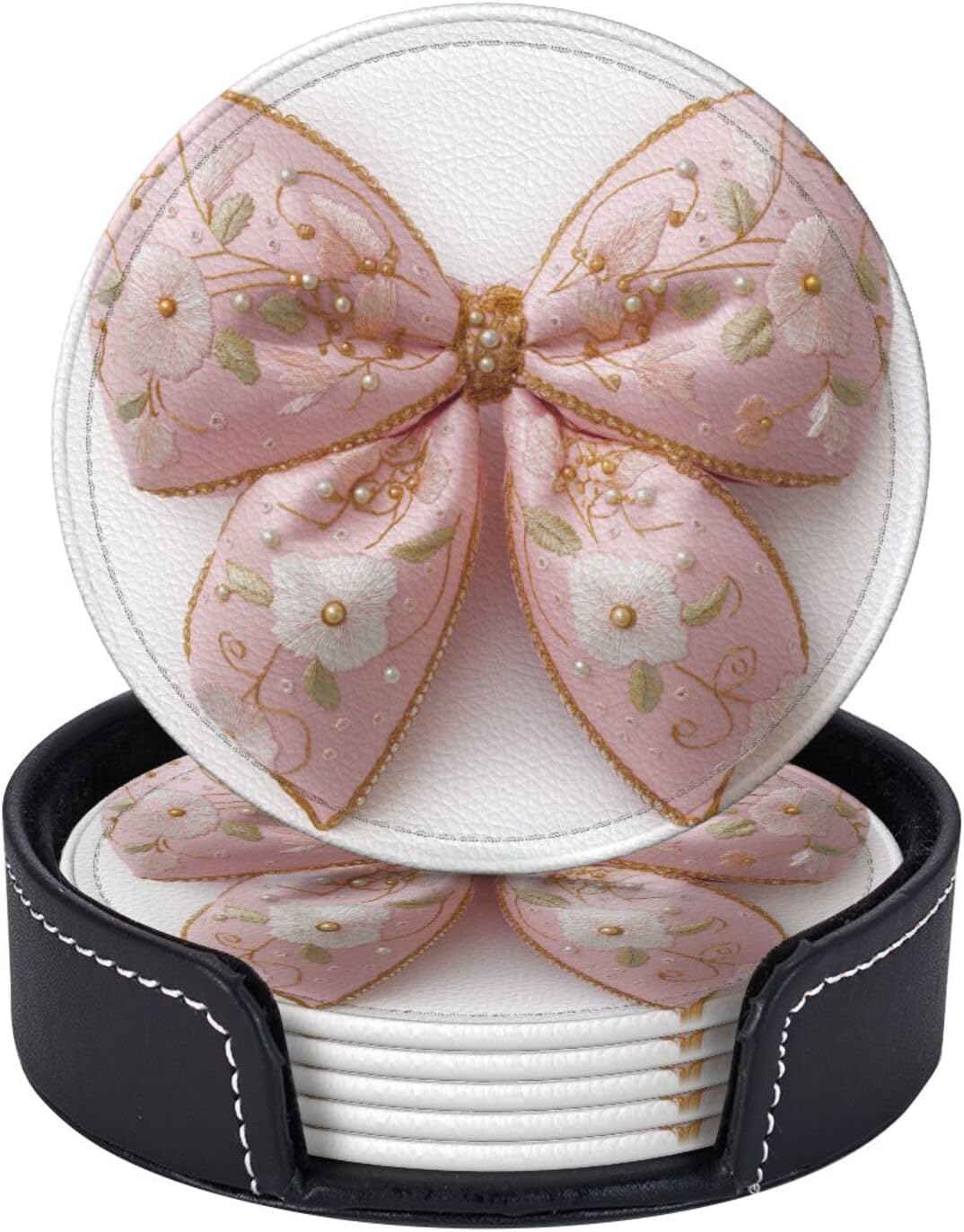 Light Pastel Pink Bow Balloon Embroidered Floral Premium Leather Coasters, Set of 6 with Holder, Stylish Beverage Coasters for Kitchen Coffee Bar