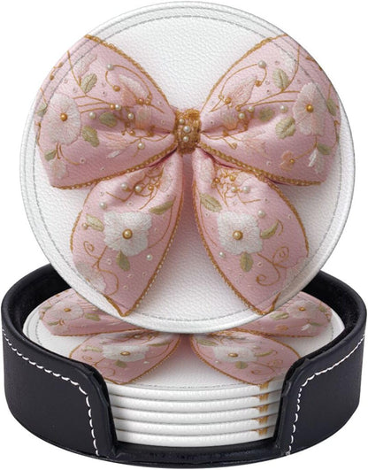 Light Pastel Pink Bow Balloon Embroidered Floral Premium Leather Coasters, Set of 6 with Holder, Stylish Beverage Coasters for Kitchen Coffee Bar