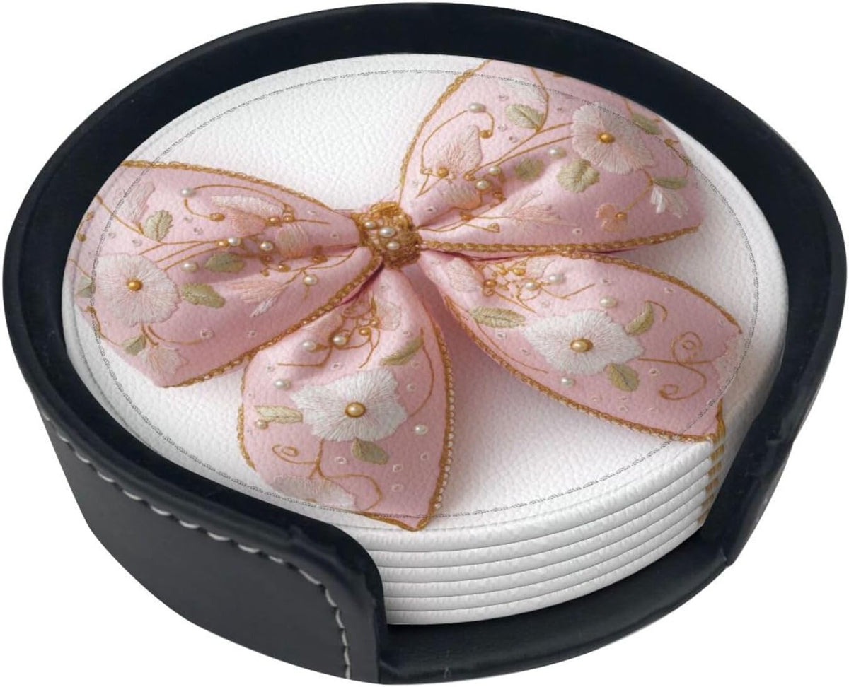 Light Pastel Pink Bow Balloon Embroidered Floral Premium Leather Coasters, Set of 6 with Holder, Stylish Beverage Coasters for Kitchen Coffee Bar