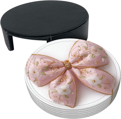 Light Pastel Pink Bow Balloon Embroidered Floral Premium Leather Coasters, Set of 6 with Holder, Stylish Beverage Coasters for Kitchen Coffee Bar