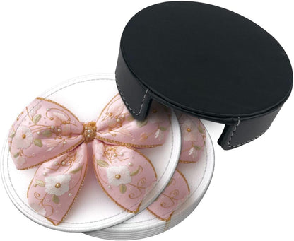 Light Pastel Pink Bow Balloon Embroidered Floral Premium Leather Coasters, Set of 6 with Holder, Stylish Beverage Coasters for Kitchen Coffee Bar