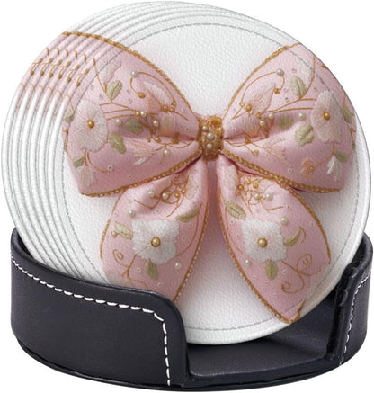 Light Pastel Pink Bow Balloon Embroidered Floral Premium Leather Coasters, Set of 6 with Holder, Stylish Beverage Coasters for Kitchen Coffee Bar
