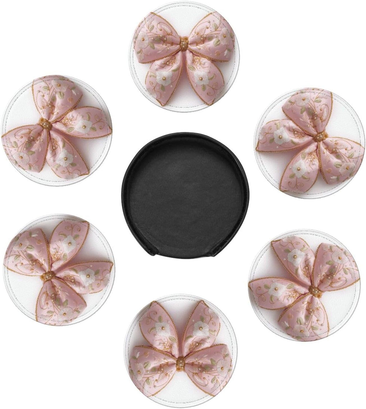 Light Pastel Pink Bow Balloon Embroidered Floral Premium Leather Coasters, Set of 6 with Holder, Stylish Beverage Coasters for Kitchen Coffee Bar