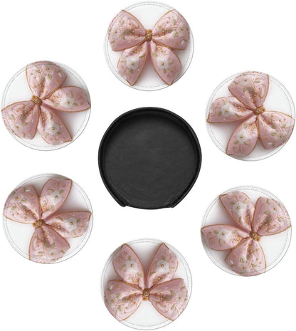 Light Pastel Pink Bow Balloon Embroidered Floral Premium Leather Coasters, Set of 6 with Holder, Stylish Beverage Coasters for Kitchen Coffee Bar