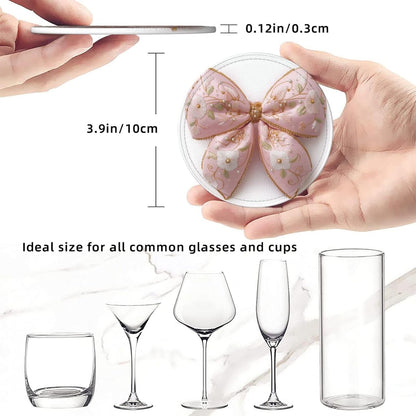 Light Pastel Pink Bow Balloon Embroidered Floral Premium Leather Coasters, Set of 6 with Holder, Stylish Beverage Coasters for Kitchen Coffee Bar