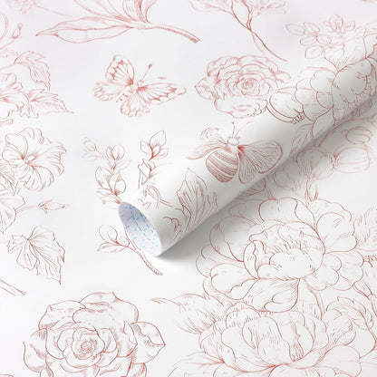 Floral Peel and Stick Wallpaper Pink and White Contact Paper Boho Wall Paper Modern Removable Self Adhesive Butterfly Wallpaper for Bedroom Bathroom Cabinets 17.3"×78.7"