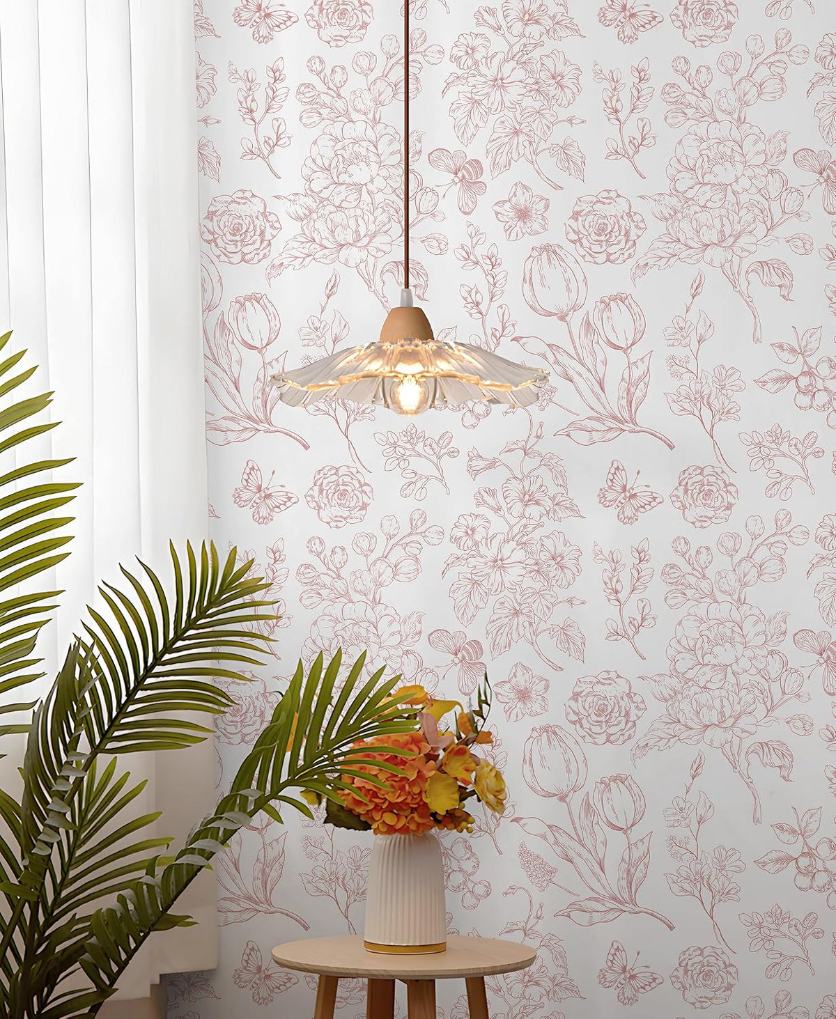 Floral Peel and Stick Wallpaper Pink and White Contact Paper Boho Wall Paper Modern Removable Self Adhesive Butterfly Wallpaper for Bedroom Bathroom Cabinets 17.3"×78.7"