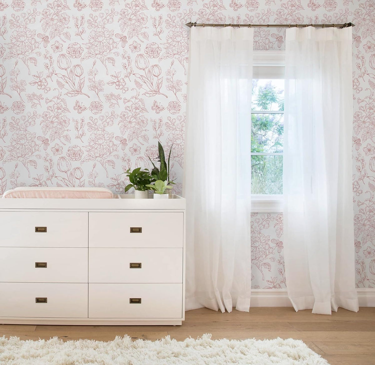 Floral Peel and Stick Wallpaper Pink and White Contact Paper Boho Wall Paper Modern Removable Self Adhesive Butterfly Wallpaper for Bedroom Bathroom Cabinets 17.3"×78.7"