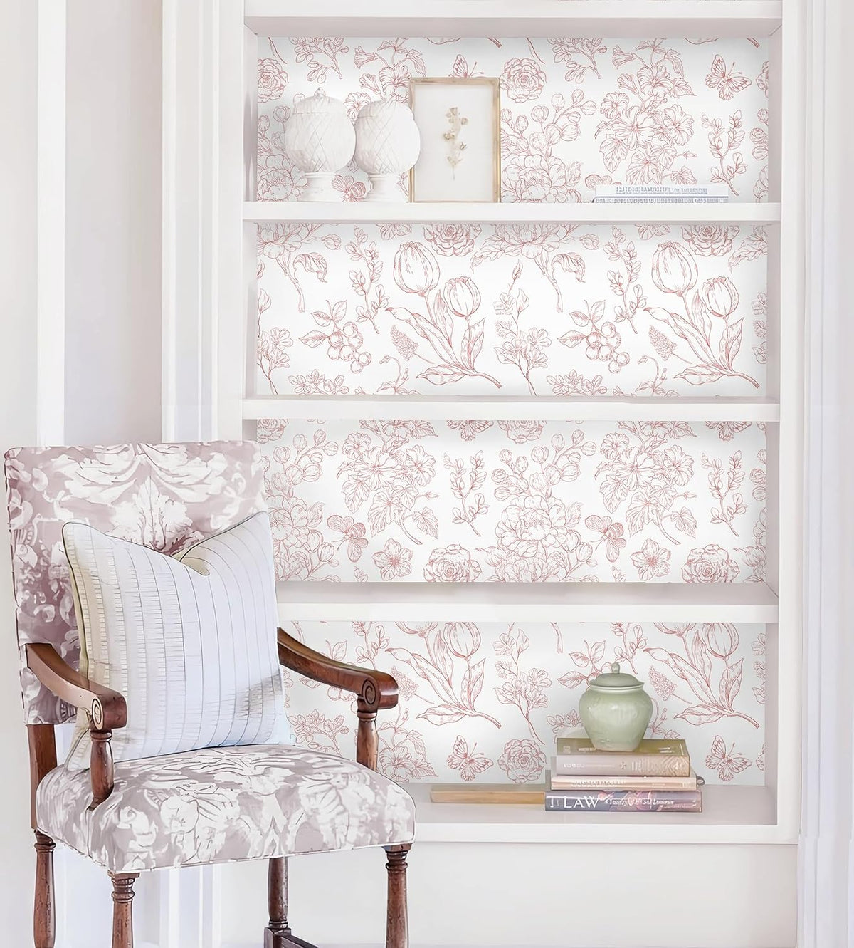 Floral Peel and Stick Wallpaper Pink and White Contact Paper Boho Wall Paper Modern Removable Self Adhesive Butterfly Wallpaper for Bedroom Bathroom Cabinets 17.3"×78.7"
