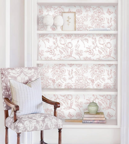 Floral Peel and Stick Wallpaper Pink and White Contact Paper Boho Wall Paper Modern Removable Self Adhesive Butterfly Wallpaper for Bedroom Bathroom Cabinets 17.3"×78.7"