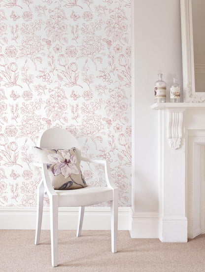 Floral Peel and Stick Wallpaper Pink and White Contact Paper Boho Wall Paper Modern Removable Self Adhesive Butterfly Wallpaper for Bedroom Bathroom Cabinets 17.3"×78.7"