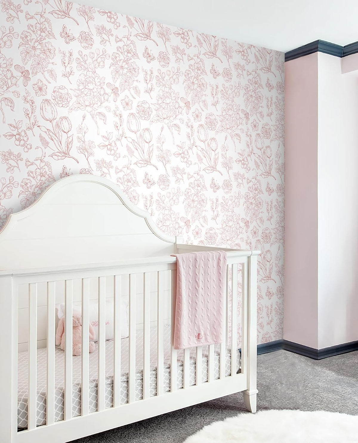 Floral Peel and Stick Wallpaper Pink and White Contact Paper Boho Wall Paper Modern Removable Self Adhesive Butterfly Wallpaper for Bedroom Bathroom Cabinets 17.3"×78.7"