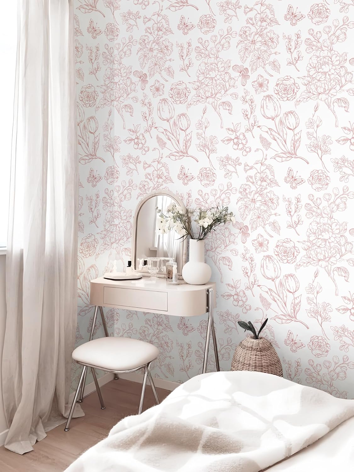 Floral Peel and Stick Wallpaper Pink and White Contact Paper Boho Wall Paper Modern Removable Self Adhesive Butterfly Wallpaper for Bedroom Bathroom Cabinets 17.3"×78.7"