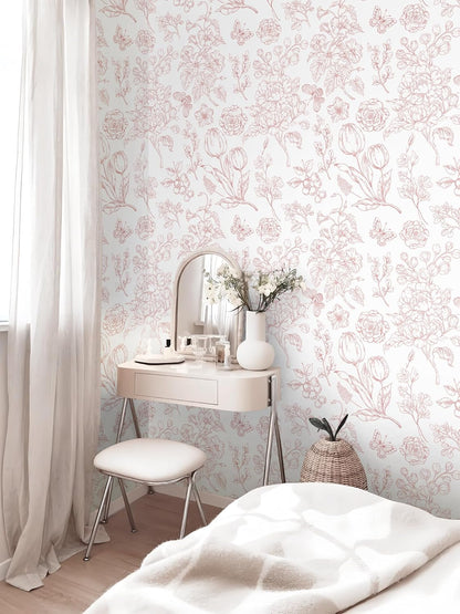 Floral Peel and Stick Wallpaper Pink and White Contact Paper Boho Wall Paper Modern Removable Self Adhesive Butterfly Wallpaper for Bedroom Bathroom Cabinets 17.3"×78.7"