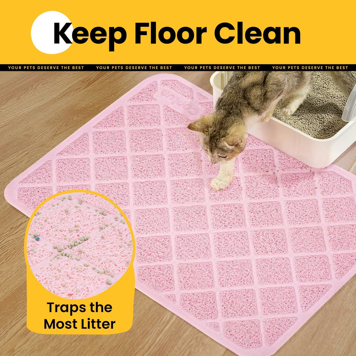 Cat Litter Mat Litter Trapping Mat, 24" x 17" Premium Durable PVC Grid Mesh with Scatter Control, Non-slip, Less Waste Cat Litter Box Mat, Pink