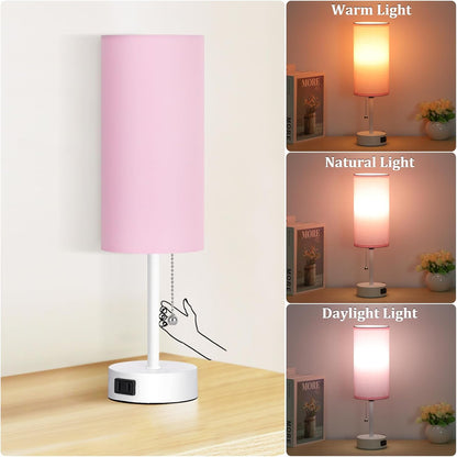 Table Lamp for Bedroom, 3-Color Bedside Lamps with Pull Chain, Bedroom Table Lamps for Nightstand,AC Outlet Small Lamp for Living Room, Bulb Included Pink