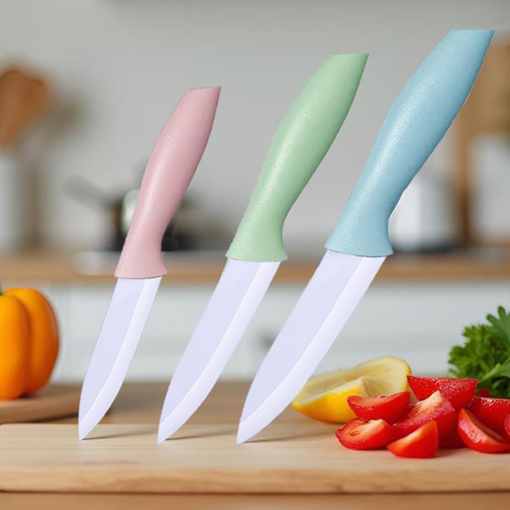 3 Pieces Ceramic knife set, 3-Inch 4 Inch 5-Inch Colorful Knife Set with Sheaths Covers, Zirconia Blade and Ergonomic handle,Use for meat fruit vegetable Bread and Butter. (pink green blue)
